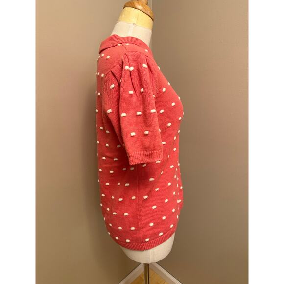 CeCe Pleat Sleeve Collared Pom Pom Sweater Pink/White Sz Medium - Picture 4 of 8